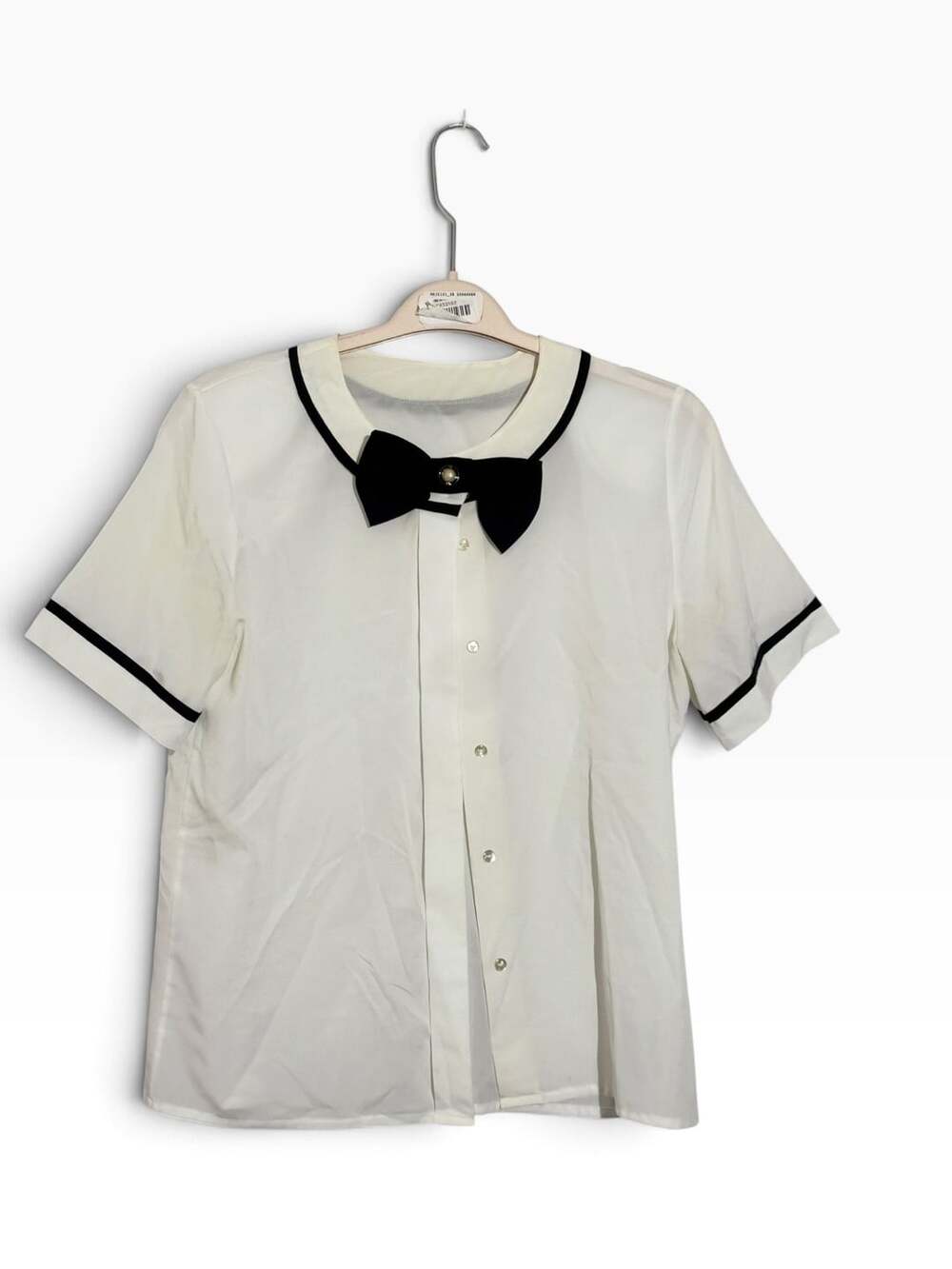 Laura Mae Vintage Blouse Womens 10 White Short Sleeve Black Bow Coquette Secreta